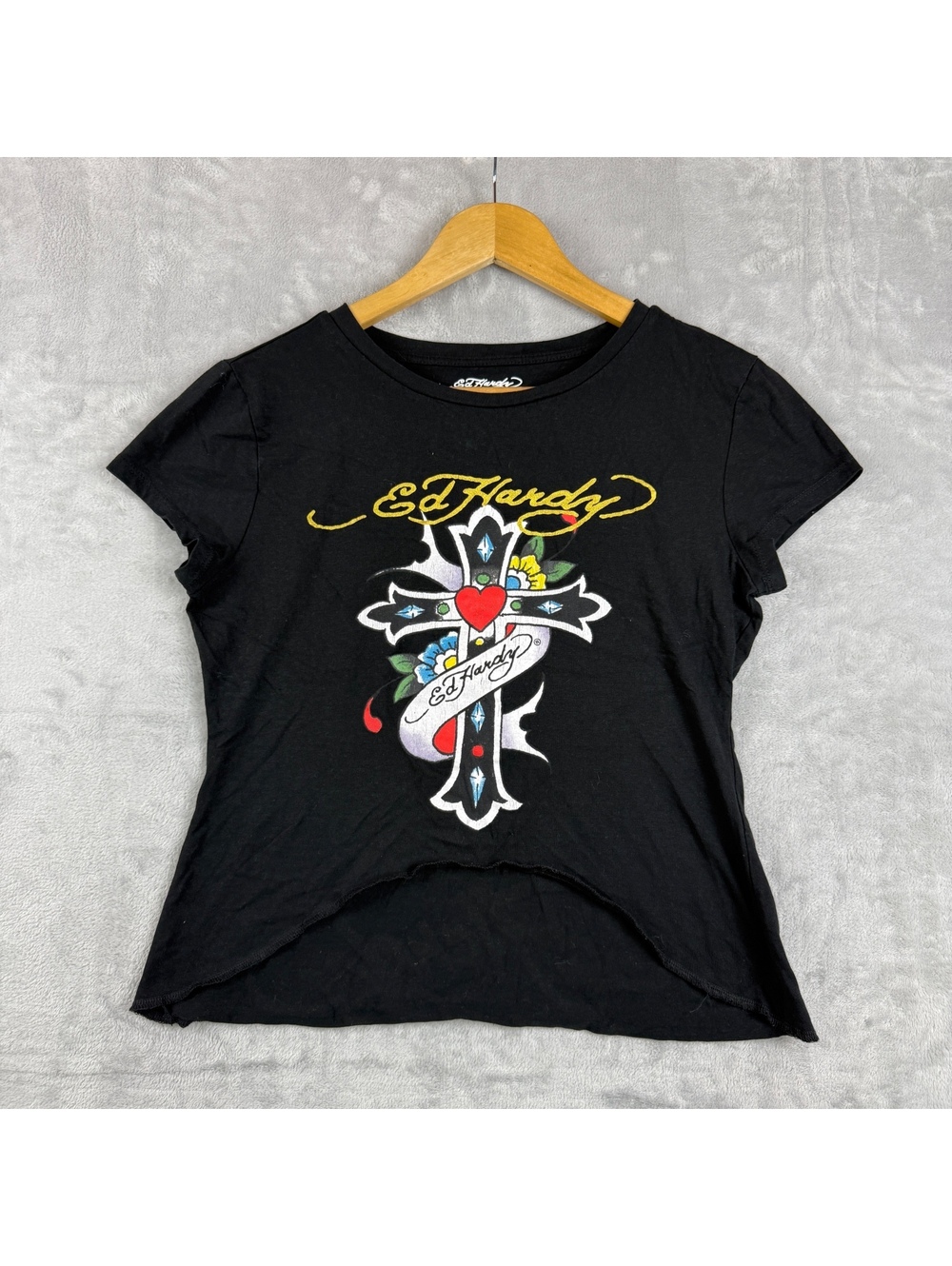 Ed Hardy Black Cross Heart Graphic T Shirt Curved Hem Tattoo Y2K Gothic Punk L